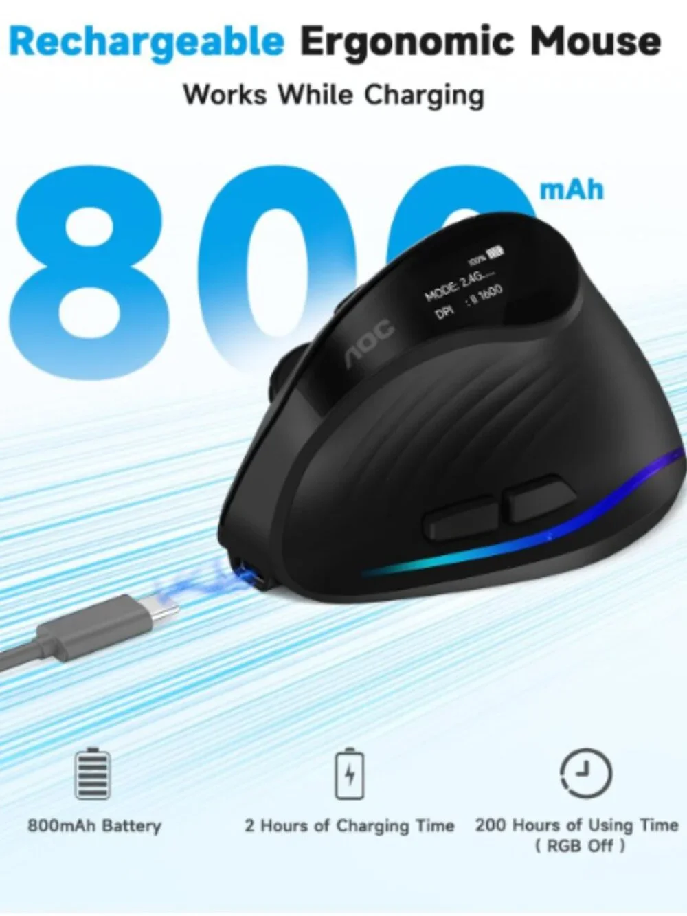 AOC 2.4GHz Ergonomic Mouse, Wireless Bluetooth Vertical Mouse for Work New
